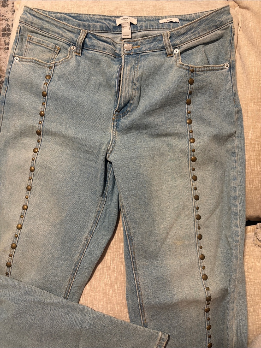 Forever 21 Light Blue Straight-Leg Jeans with Brass Stud Trim